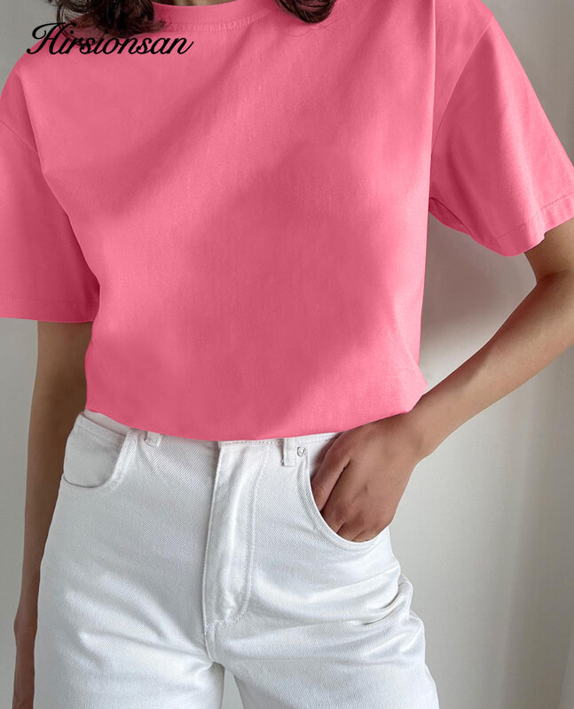 Hirsionsan Basic Katoenen T-shirt Vrouwen 2023 Zomer Nieuwe Losse Solid Tees 19 Kleur Casual Losse Tshirt Oversized O Hals vrouwelijke Tops