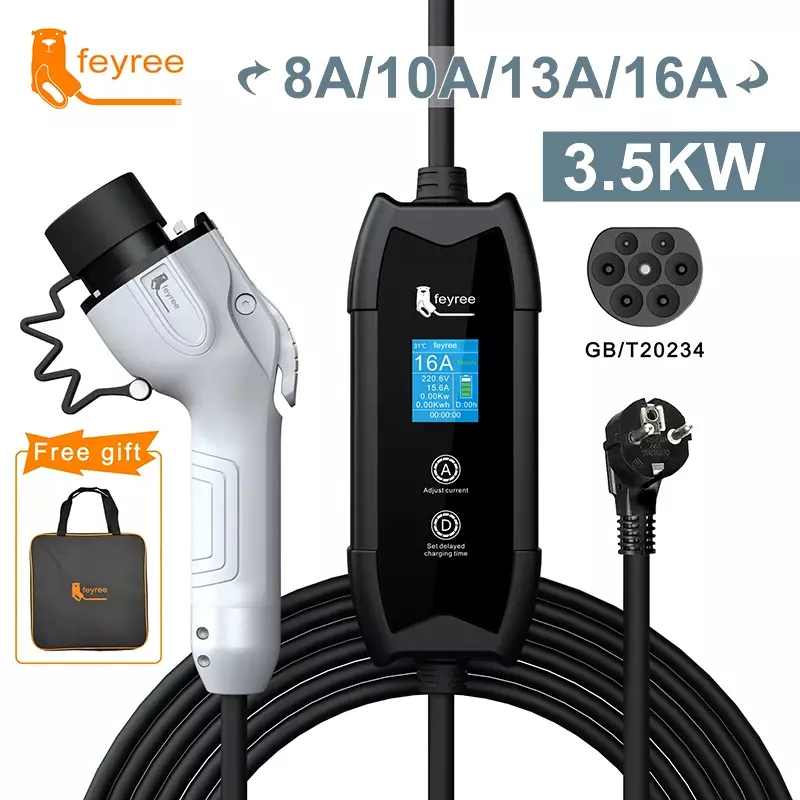 feyree EV Portable Charger Type2 / GB/T Plug Connector 16A 1Phase 3.5KW Type1 3.5m Wallbox Charging Station for Electric Vehicle