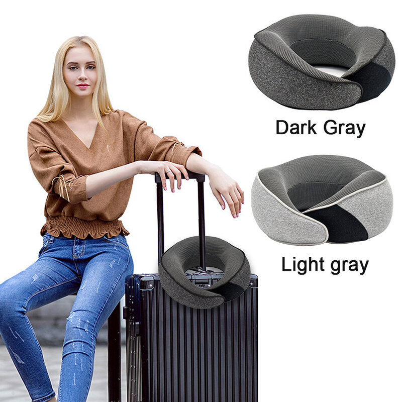 Almohada de viaje ligera y portátil de tela hecha de espuma viscoelástica, suave y cómoda, amigable con el viaje, gris claro