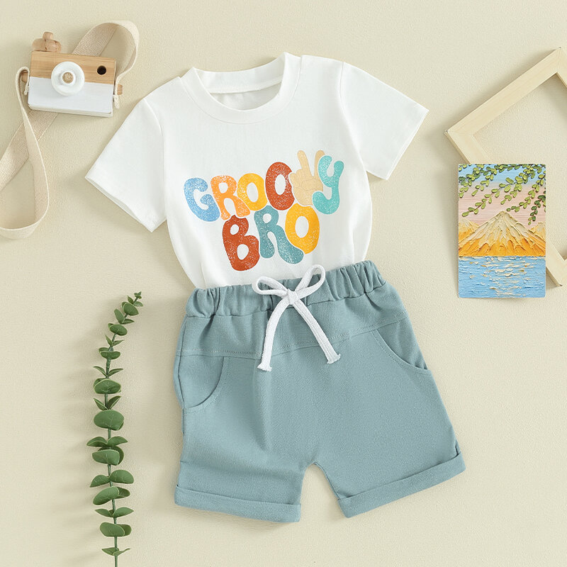 VISgogo 2pcs Baby Boys Summer Outfits Short Sleeve Letter Gesture Print Tops Rolled Cuff Shorts Set 0-3Y Toddler Casual Clothes