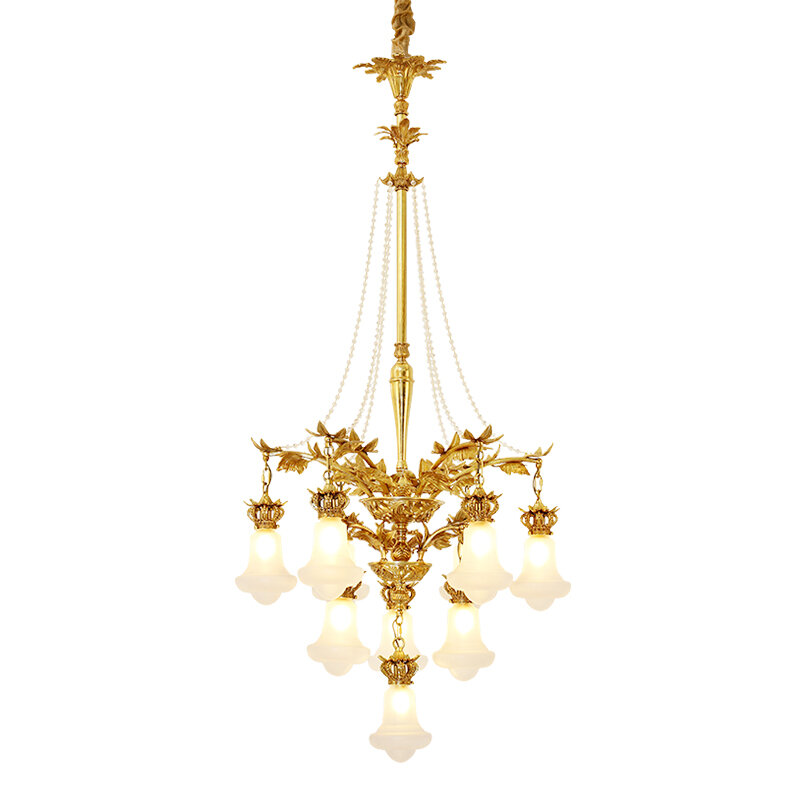 European Villa Duplex Hall Brass Long Chandelier Lamps French Luxury Living Room Stair Copper Pendant Light