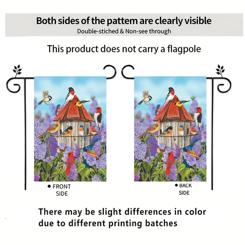 1 buah pola bunga burung warna-warni dengan cetakan dua sisi dekorasi halaman bendera taman, tidak termasuk tiang bendera