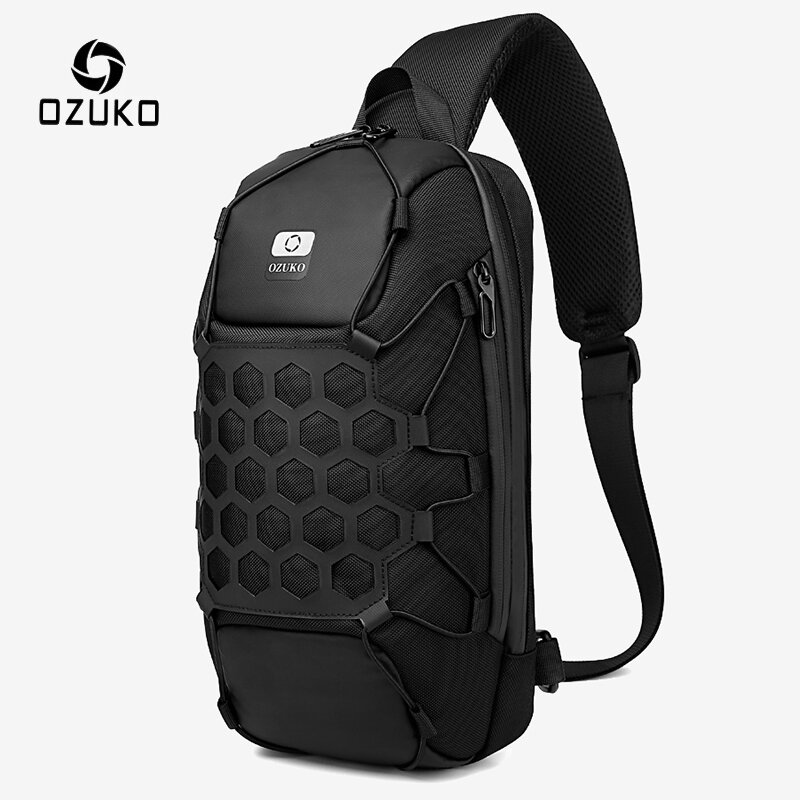 OZUKO tas dada pengisi daya USB untuk pria, tas kurir selempang dada luar ruangan dengan pengisi daya USB untuk pria