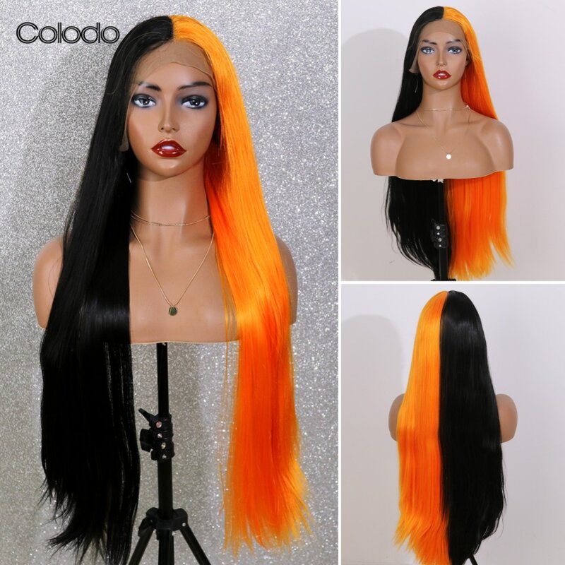 COLODO-Peluca de fibra sintética para mujer, cabellera con malla frontal, color naranja, medio negro, Drag Queen, alta temperatura, Cosplay, sin pegamento