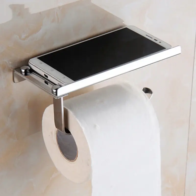 Bathroom Toilet Roll Paper Holder Wall Mount Stainless Steel Bathroom WC Paper Phone Holder with Storage Shelf Rack