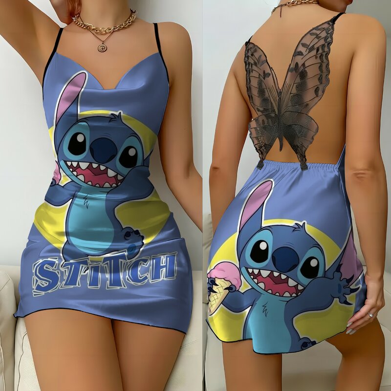 Mini kleid Satin Oberfläche Bogen Knoten Damen kleider Disney Stitch Pyjama Rock Mode Sommer Party sexy Spitze rücken frei Disney