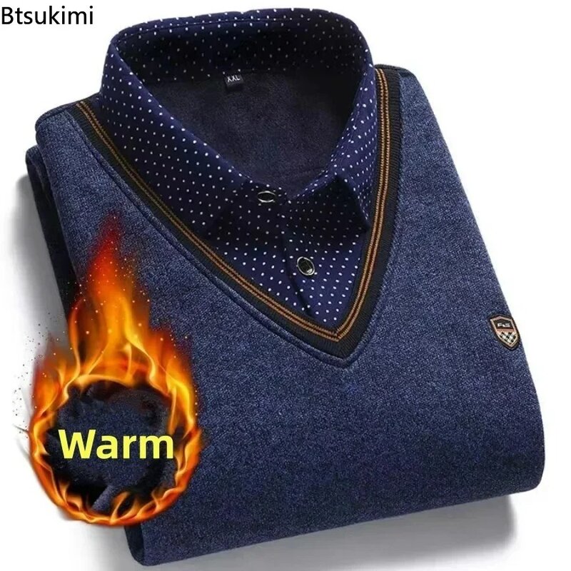 Nowy 2024 jesienno-zimowy męski sweter z wełnianą koszulą z dekoltem modna w kratę solidnie zagęszczony ciepły polar wysokiej jakości uniwersalny na co dzień