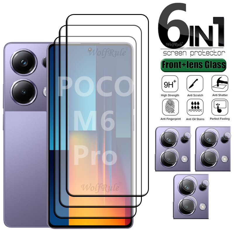 Funda de vidrio templado 6 en 1 para teléfono móvil, Protector de pantalla con pegamento para Poco M6 Pro, Xiaomi Poco M6 Pro, Poco M 6 M6 Pro
