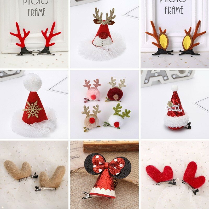 Adornos navideños hechos a mano, astas, botones de mandril para el pelo, sombreros de Navidad, diademas, accesorios para el cabello, regalos de navidad