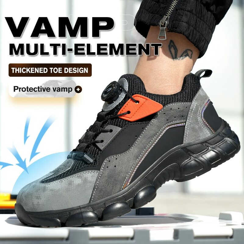 Zapatos de seguridad con botón giratorio para hombre, zapatillas de trabajo con punta de acero, protección antigolpes, botas de seguridad a prueba de perforaciones