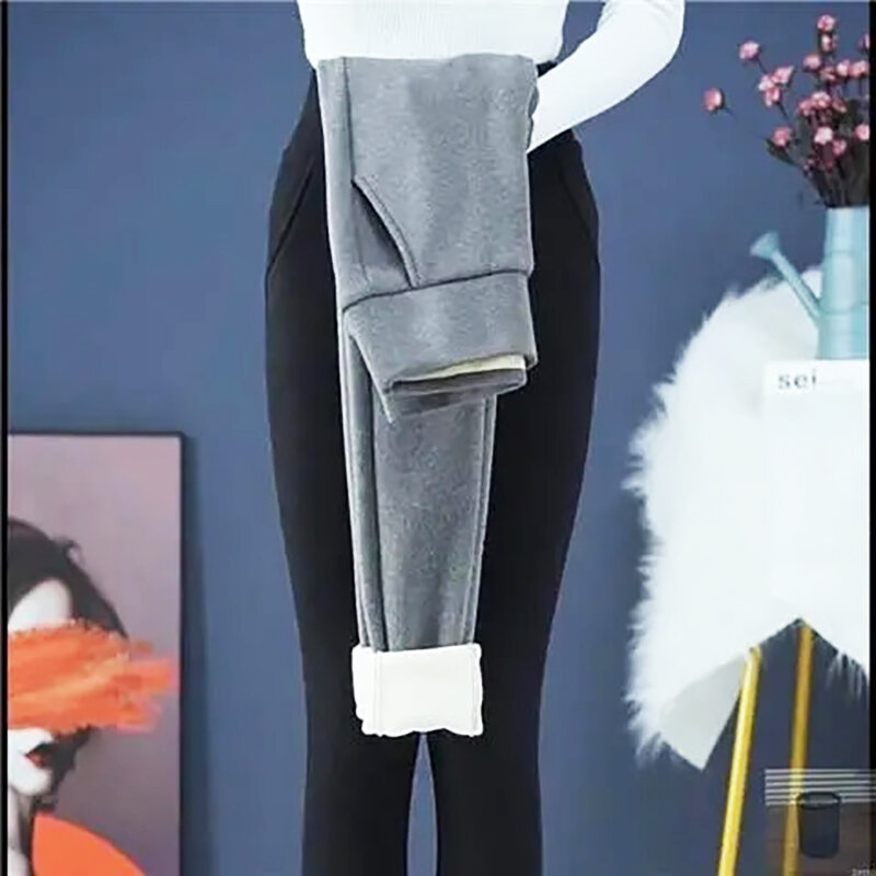 Calças Harajuku Y2k para mulheres, roupa exterior de lã grossa de cordeiro, leggings térmicas de cintura alta, veludo fino quente, calças femininas finas, inverno