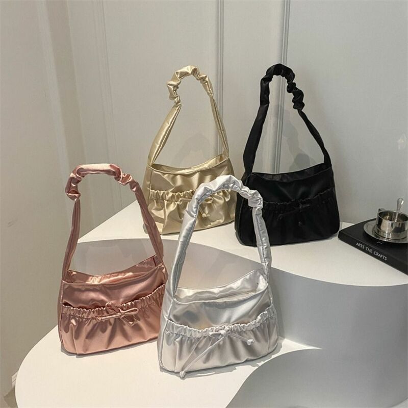 Satin Pleated Hand Bag Casual Korean Style Portable Fashion Underarm Bag Luxury Bow INS Shoulder Bag Travel