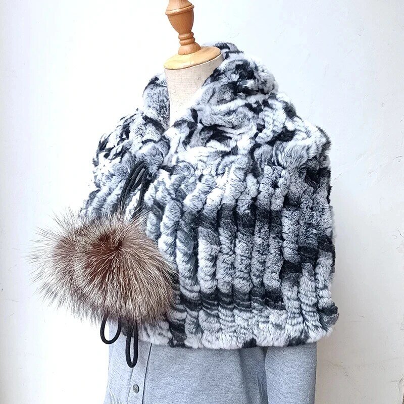 Women Real Fur Hooded Poncho Elastic Fashion Warm Thick Genuine Rex Rabbit fur Cap With Hood