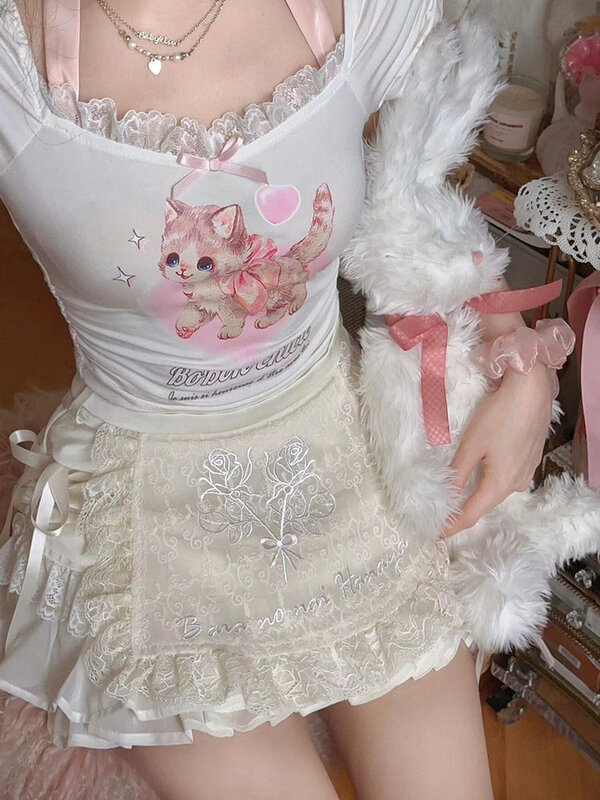 Lolita Floral Bordado Mini Saias das Mulheres, Patchwork de Renda, Cintura Alta, A-LINE, Doce, Fofo, Japonês, Kawaii, Harajuku, Y2k