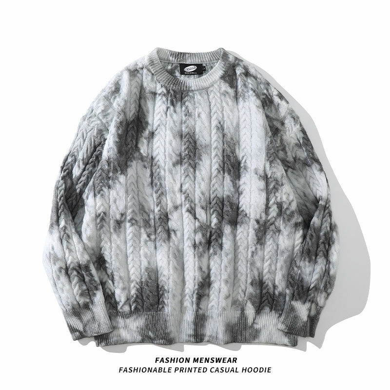 Tie Dye gradientowy smażony sweter uliczny dla mężczyzn i kobiet leniwy wiatr topowy sweter Harajuku Casual zaawansowany Oversize, z dzianiny sweter