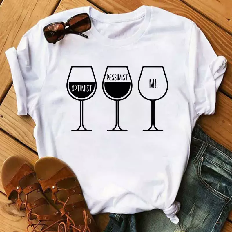 Camiseta com estampa de vinho cálice feminino, casual, manga curta, gola O, solta, camiseta de verão, tops