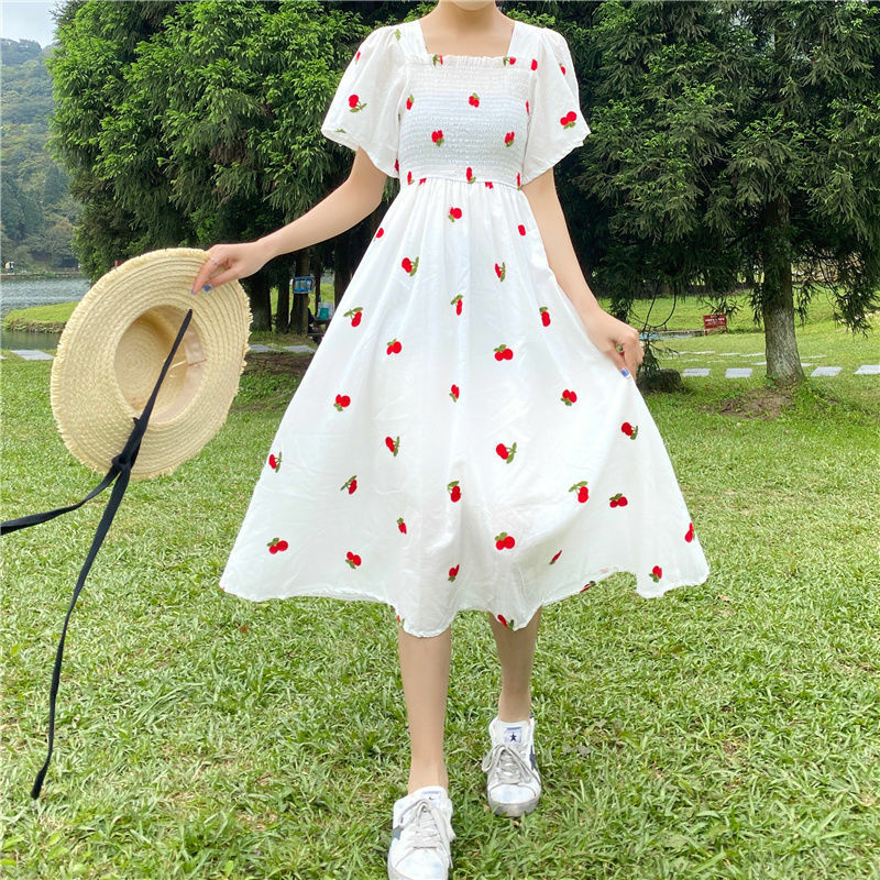 Vestido de manga curta feminino, império fino, estampa coreana, faculdade casual, drapeado na moda, simples e elegante, lindo estilo japonês