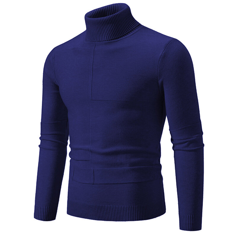Blus dasar kaus polos leher tiruan pria, pakaian luar ramping pas badan Sweater modis lengan panjang atasan pulover hangat musim dingin