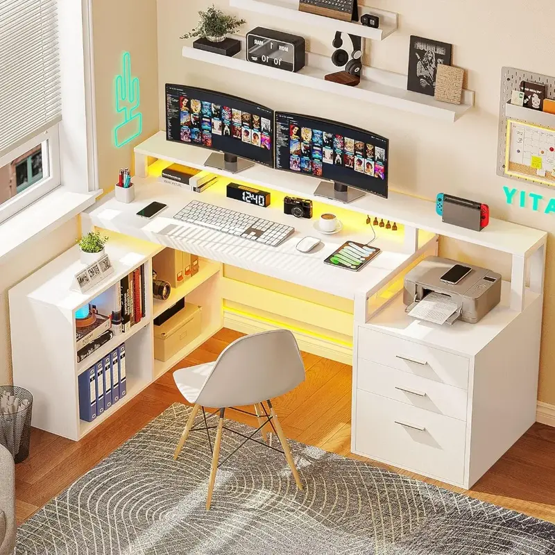 Офисный шкаф L-образной формы с выходами мощности, шкафчик для файлов с лампочками, угловой компьютерный стол 65 дюймов с 3 ящиками и 4 полками для хранения, белый цвет