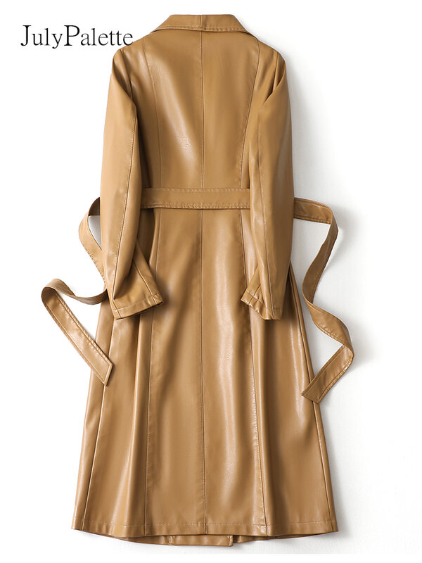 Julypalette-gabardina de piel de oveja para mujer, abrigo de cuero de longitud media con doble botonadura y cordones, ropa de cuero Real, 100%