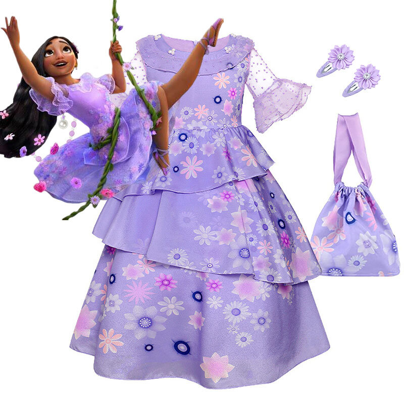 Nowa sukienka Mirabel karnawałowa na imprezę dla dziewczynek suknia księżniczki na przyjęcie urodzinowe dla dzieci przedsionek dla niemowląt Cosplay Isabella Encanto kostium