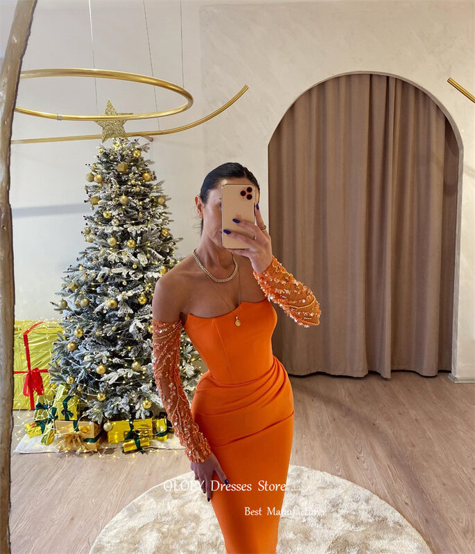 OLOEY Sexy Sweetheart Orange Mermaid Evening Dresses Glitter Long Sleeves Stretch Prom Gowns Formal Party Occasion Dress Vestido