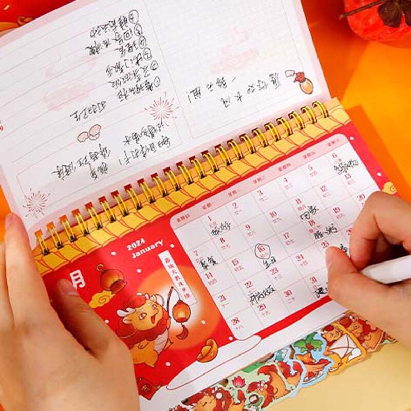 2024 Chinese Drakenjaar Eenvoudige Bureaukalender Vuurwerk Desktop Papieren Kalender Dagelijkse Scheduler Tafelplanner Nieuwjaarscadeau