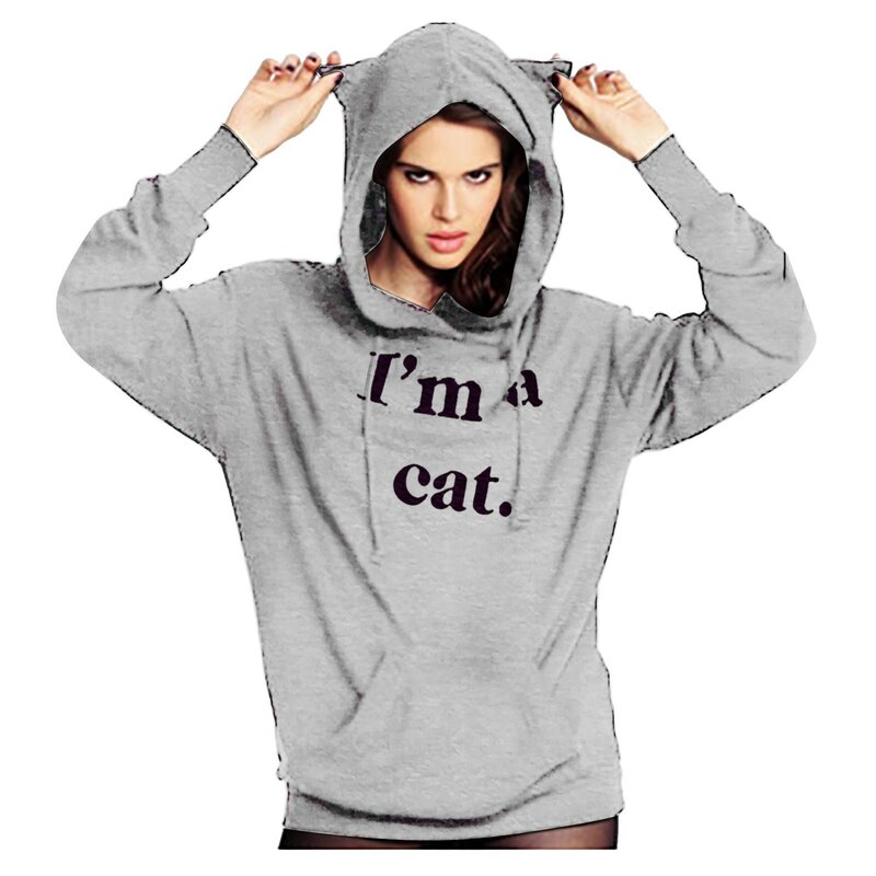 Women's I AM A CAT Impresso Cat Ear Hoodies, moletom com capuz, Jumper Hoody, treino, Casacos, Casaco Fashion, Tops