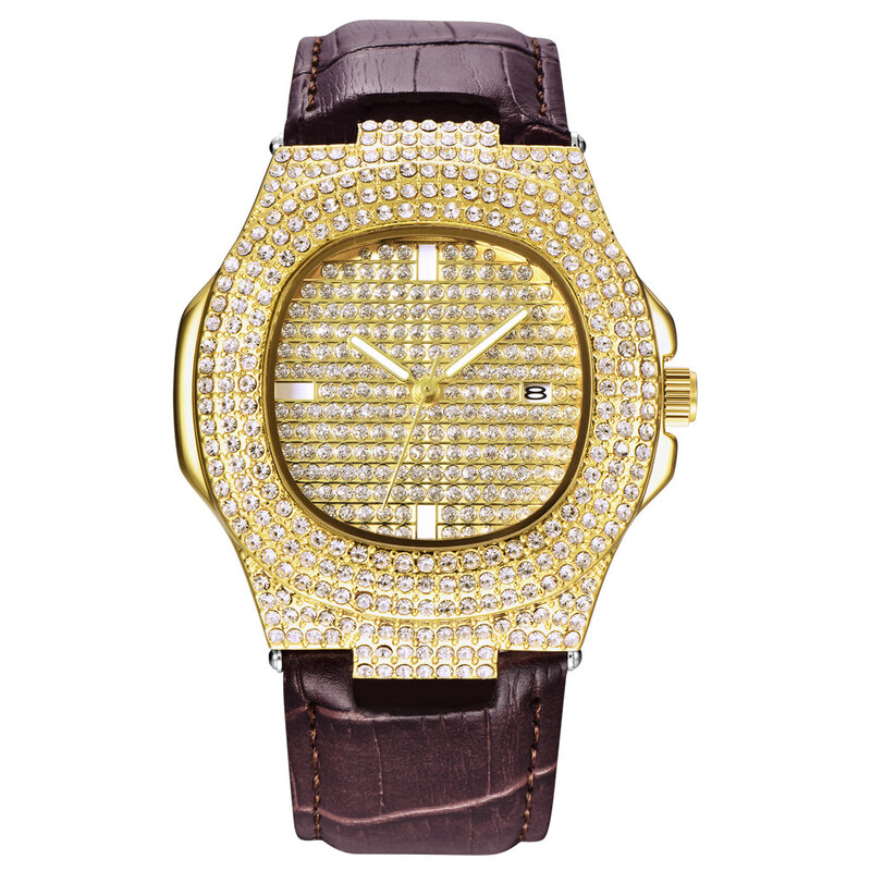 Relógio de quartzo de diamante gelado masculino, relógios de pulso de luxo, relógio masculino, pulseira de couro, moda