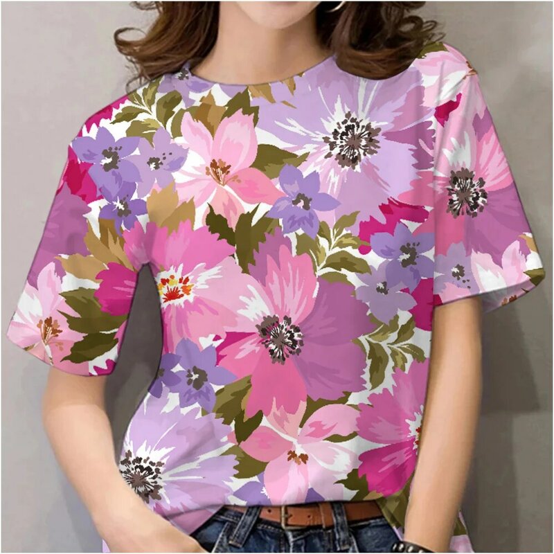 Camiseta estampada com flores de verão feminina, roupas femininas, camiseta casual, tops diários, moda