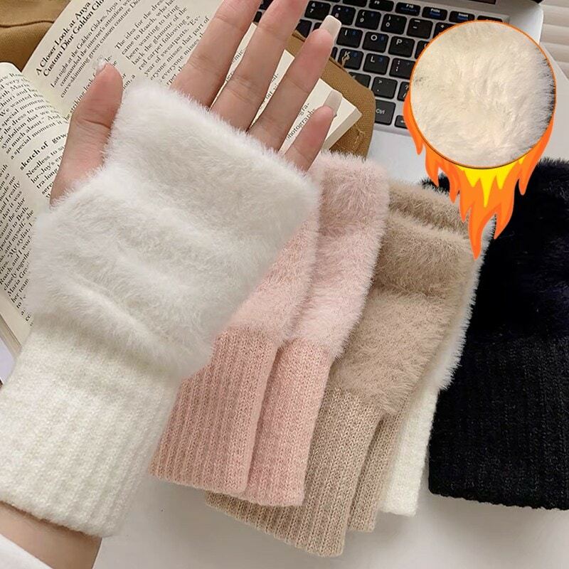 Guantes de medio Dedo de felpa suave y esponjosa para mujer, guantes de punto sin dedos, mitones de muñeca cálidos de invierno