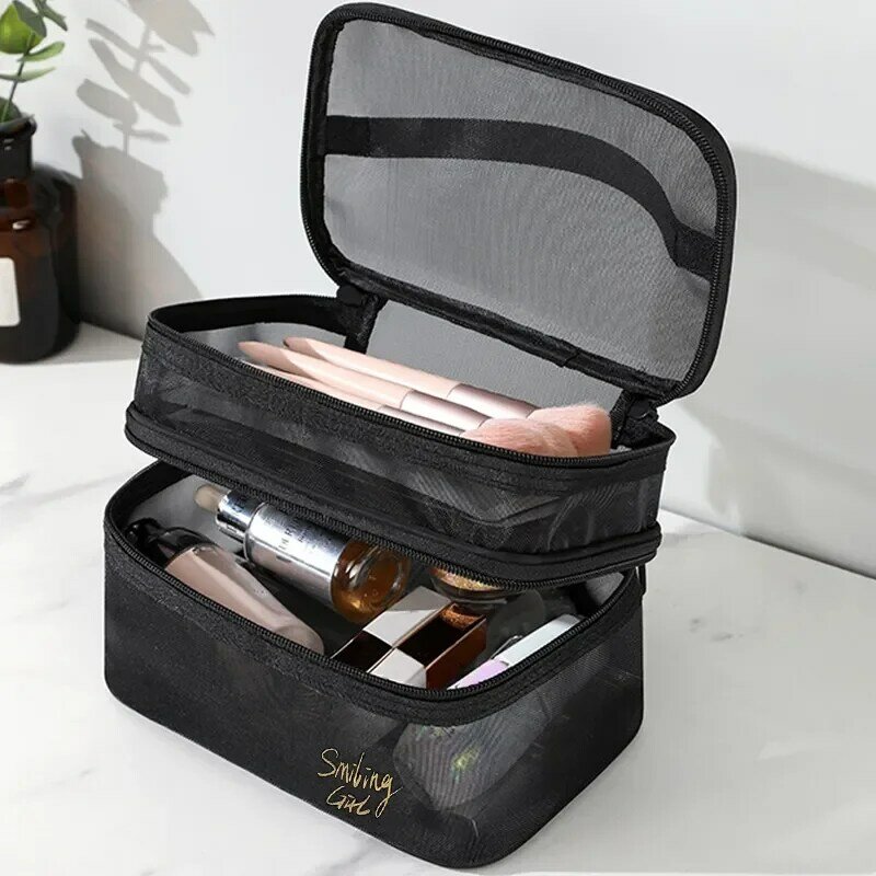 Black Makeup Mesh Storage Bags Double -layer Cosmetic Case Package Toiletry Travel Large-Capacity Wash Organizer Pouch Holder