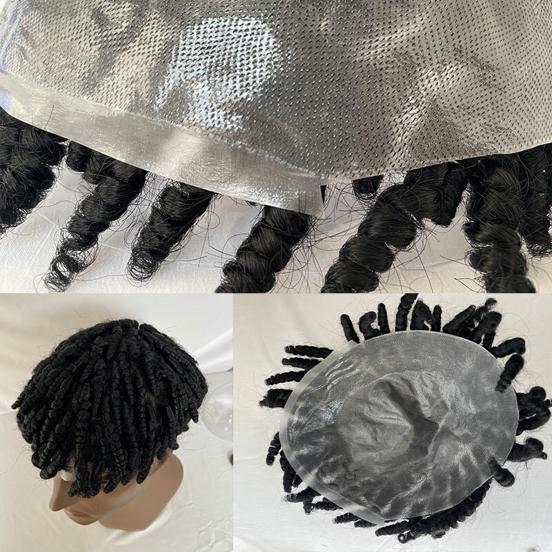 8mm Afro Curl Twist Crochet Braids Hair for Black Men Toupee 100% Human Hair Thin Skin Full PU V Loop Wigs for Man Jet Black 1#