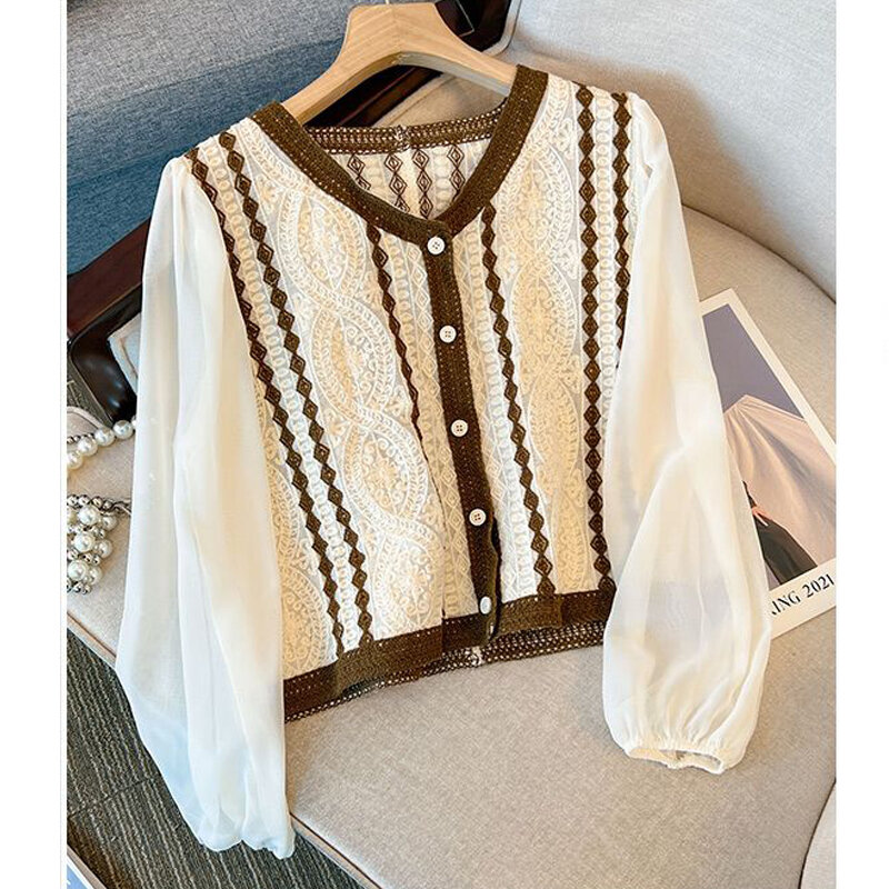 Women Lace Patchwork Vintage Y2K Cute Sweet Chic Blouses Spring Summer Trendy V Neck Long Sleeve with Button Top Female Clothing