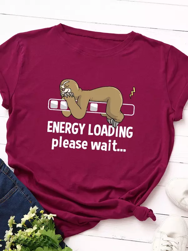 Energy Loading Sloth Print Women T Shirt Short Sleeve O Neck Loose Women Tshirt Ladies Tee Shirt Tops Clothes Camisetas Mujer