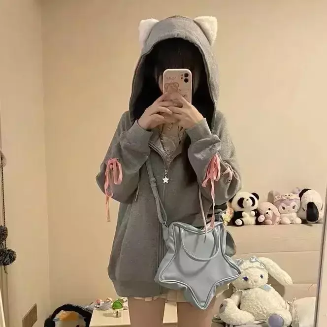 HOUZHOU Hoodie Harajuku manis Kawaii wanita mode Jepang kaus Hoodie lembut sulaman kucing imut tali ritsleting 2023
