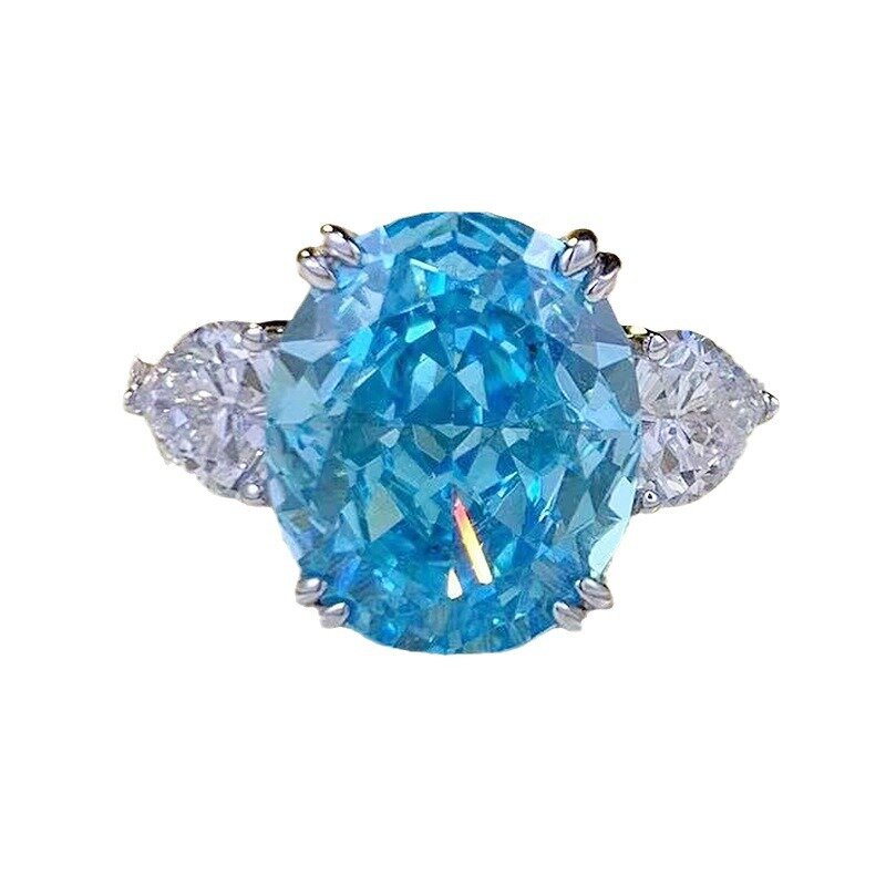2023 New S925 Silver Sea Blue Ice Flower Cut Ring for Women's 10 * 12 Oval Hot Selling in Europe and America