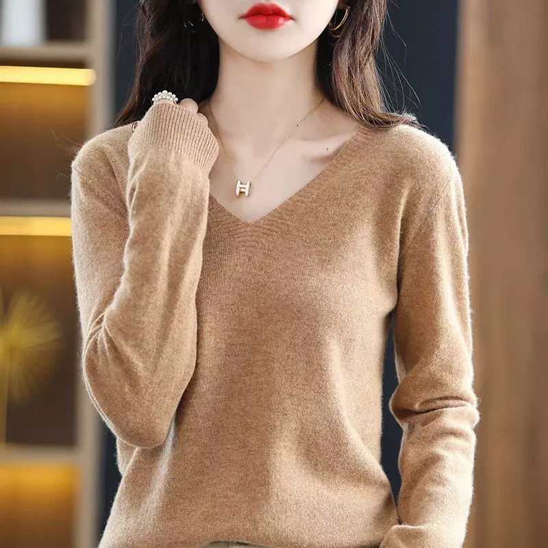 Женский трикотажный свитер, теплый облегающий пуловер с длинным рукавом и V-образным вырезом, в Корейском стиле, Осень-зима 2024