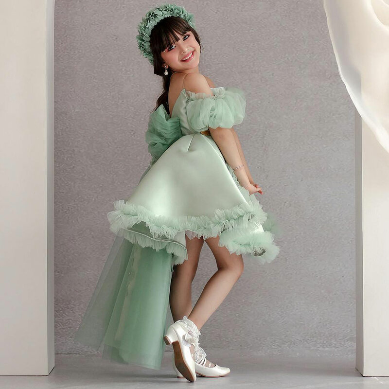 Jill Wish Luxury Sage Green Dubai Girl Dress Flowers Kids Children Princess Clothes for Wedding Birthday Holiday Party 2024 J218