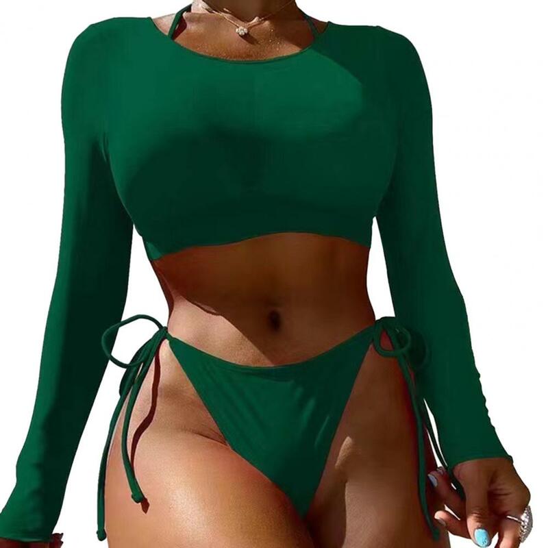 Attractive Three-piece Bikini Stylish Women's Swimsuit Set with Padded Halter Bra High Waist Lace-up Briefs Cropped Cover-up