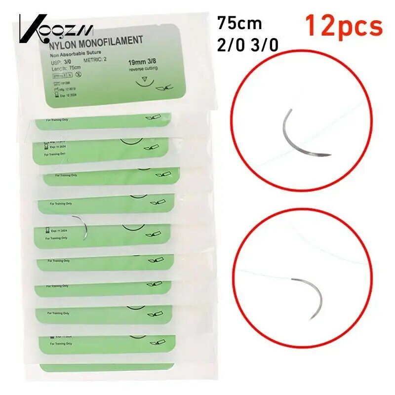 12pcs 75cm 2/0 3/0 Surgical Synthetic Skin Suture Thread With Needle Surgeon Veterinary Suture  Suture Wire Nylon Monofilament