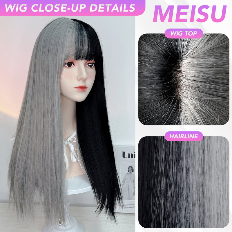 MEISU Black And Gray Wig Long Straight Bangs 24 Inch  Fiber Synthetic Heat-resistant Natural Party or Selfie For Women