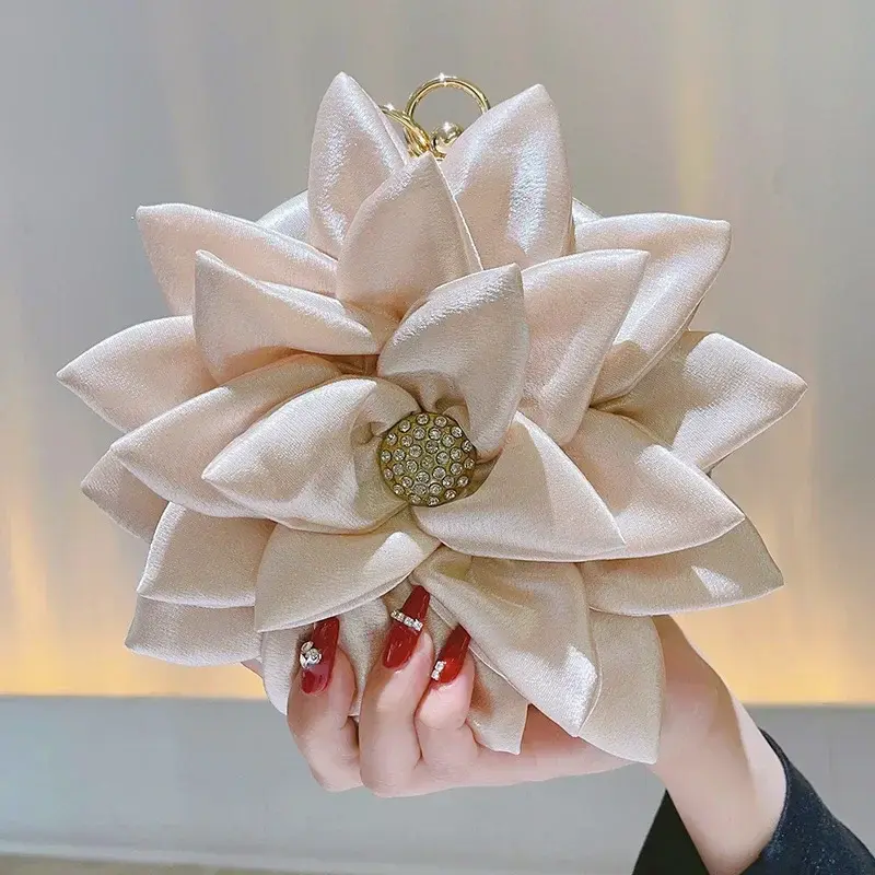 Bolso de noche elegante para mujer, bolso redondo de flores 3D, bolso de mano de satén elegante, bolsos de pulsera de diamantes de imitación de diseño elegante