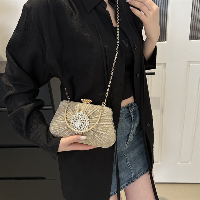 Small Cute PU Leather Shoulder Bag Chain Handbags Designer Women 2024 Korean Fashion Party Diamond Design Gold Crossbody Bag