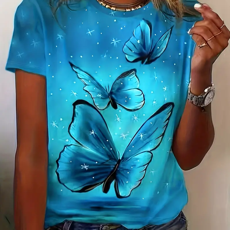 Camiseta 3D com estampa de borboleta feminina, gola redonda, manga curta, roupas grandes para meninas, moda luxuosa, Y2K, 2024