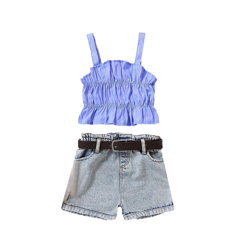 Camisola plissada listrada para meninas com shorts jeans cintos, roupas casuais infantis de verão, 4-7t