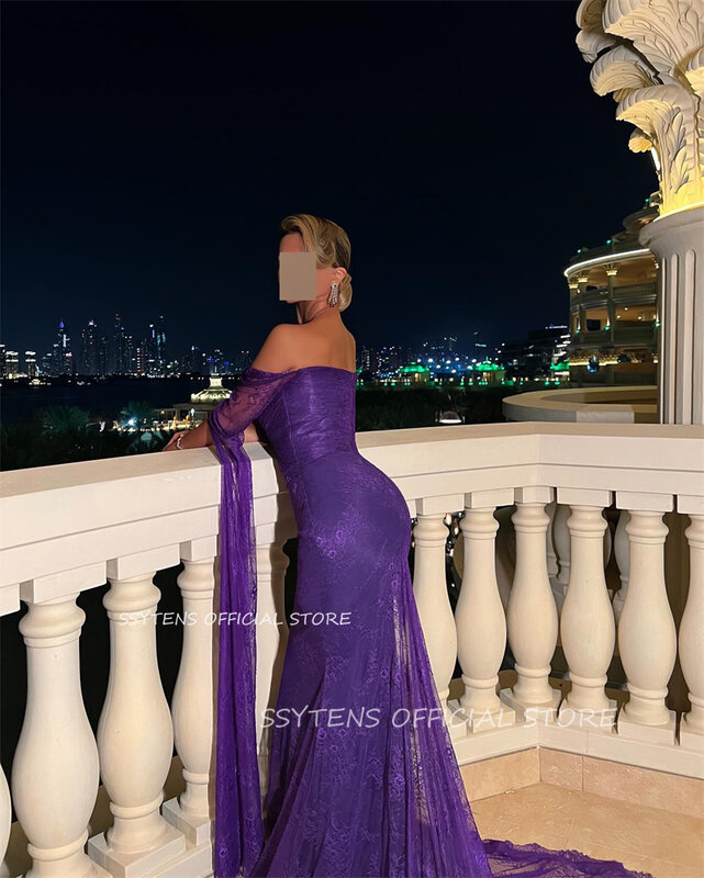 Винтажные фиолетовые длинные кружевные платья для выпускного вечера, вечерние платья с расклешенными длинными рукавами в Дубае, саудовском, арабском стиле, индивидуальный пошив, вечернее платье, вечернее платье