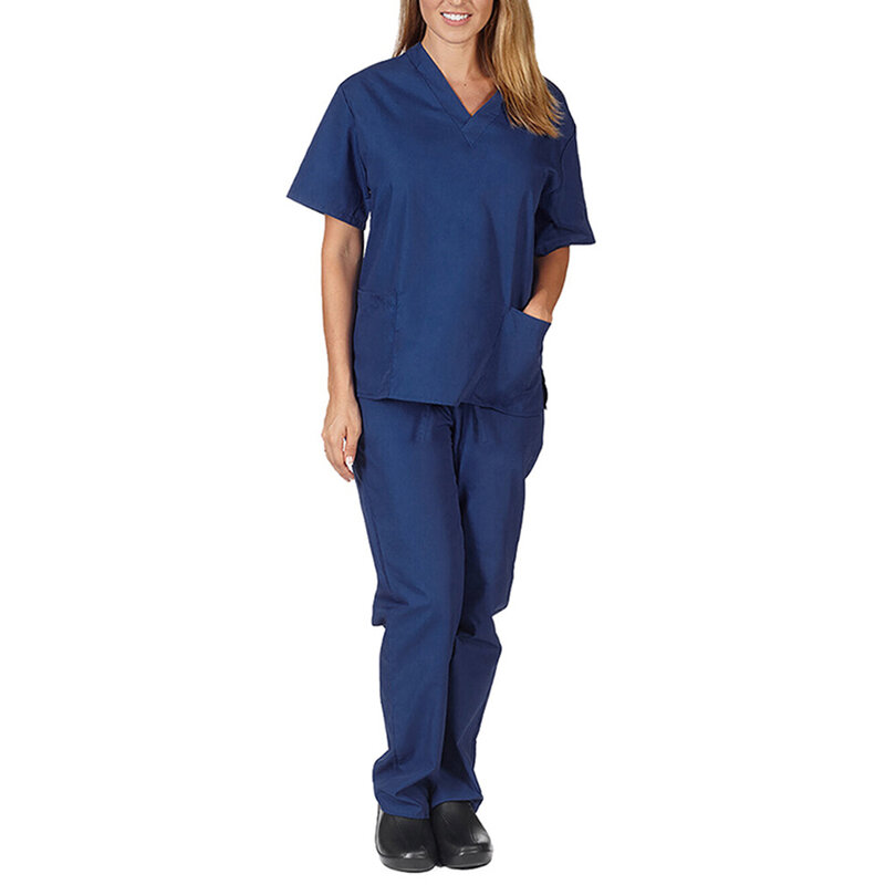 Nova enfermeira uniforme terno de duas peças enfermagem médico manga curta top pant sólido mulher roupas de trabalho ternos de calças de hospital