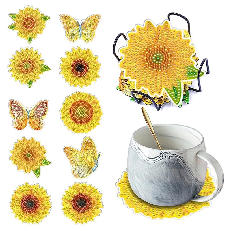 10 buah kit coaster bunga matahari dengan pemegang untuk pemula dewasa dan anak-anak perlengkapan kerajinan seni mudah dipasang mudah digunakan