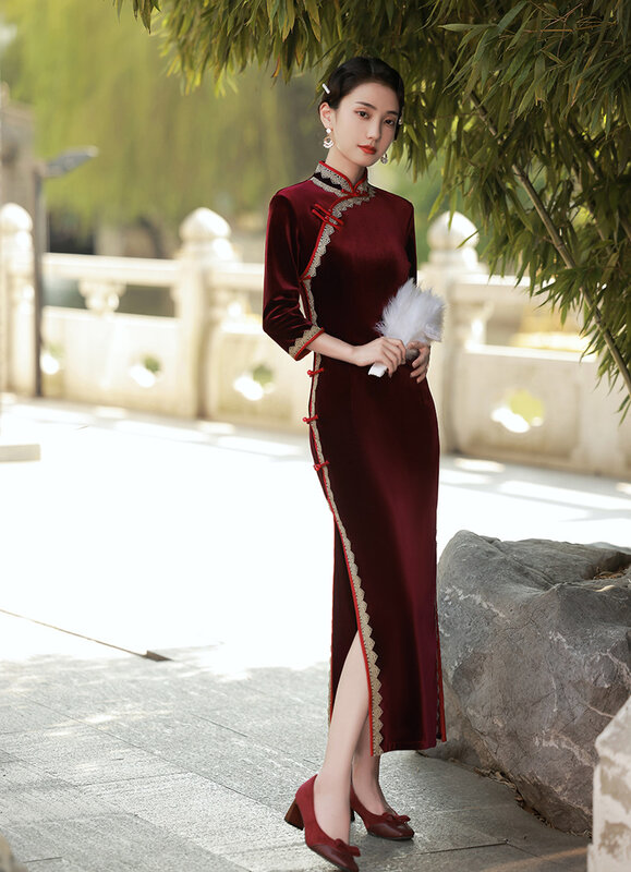 Cheongsam largo de terciopelo de talla grande, vestido chino Sexy, elegante, ajustado, Qipao Vintage, cuello mandarín, otoño e invierno, 4Xl
